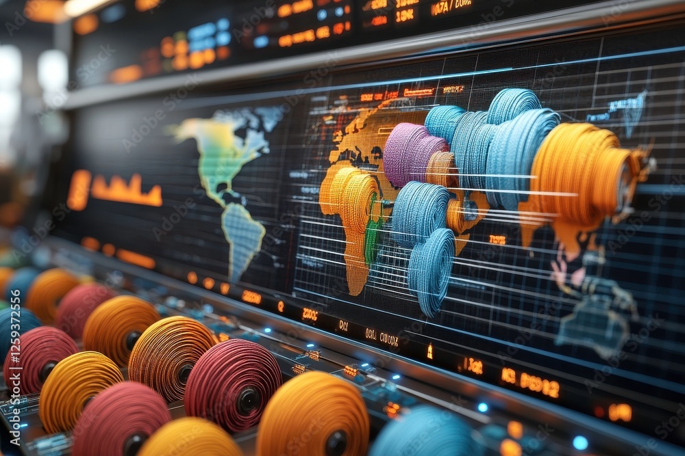 Poster a colorful digital representation of a world map with layered data visualizations and abstract shape