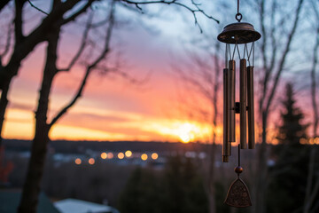 serene sunset view with wind chimes in foreground, creating peaceful atmosphere