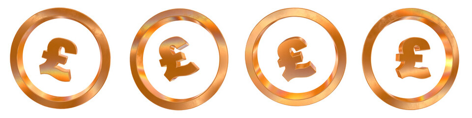 Set of 4 3d pound coin outline shapes with golden and rainbow effects isolated on a transparent background. 3d elements for graphic design.