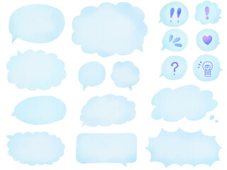 水彩の吹き出し：水色の手描きフキダシのセット