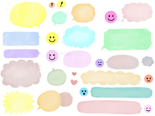 水彩・カラフルな吹き出しと顔文字のセット
