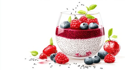 A trendy chia pudding, fresh fruit toppings, elegant glass, modern style, digital painting, isolated on white background.