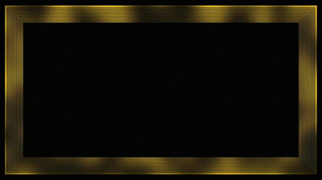 Golden rectangle border. Gold frame. Isolated on black background. Luxury realistic. Animated gold line. Square golden frame with shadow. Line art. Wedding model. Copy space. abstract text banner.
