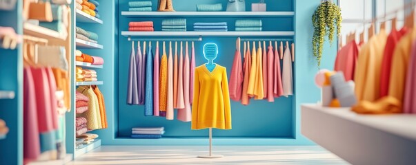 A vibrant clothing store interior showcasing a yellow dress on a mannequin, surrounded by colorful garments on hangers against a bright blue backdrop.