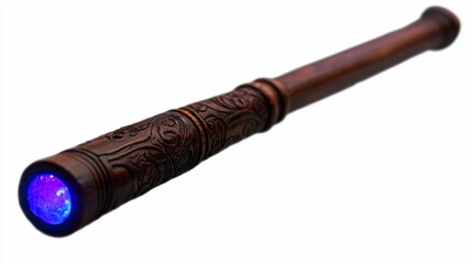 Carved wooden wand with purple light, isolated, studio shot, fantasy prop