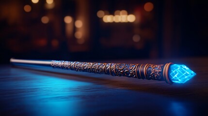 Glowing magic wand on dark wood, fantasy tavern background, game asset