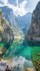 Serene mountain landscape reflecting in crystal-clear lake surrounded by towering cliffs