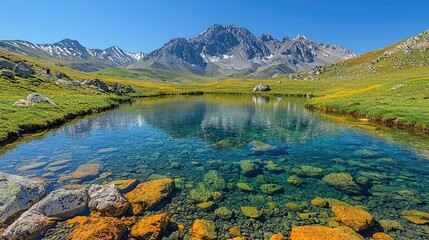 Serene mountain landscape with clear lake reflecting peaks and vibrant wildflowers in foreground