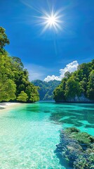 Serene tropical beach with crystal-clear waters, lush greenery, and a bright sun overhead