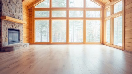 Obraz premium Spacious modern cabin interior with large windows and natural light.