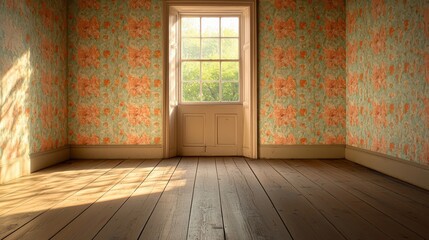 Empty, sunlit room with floral wallpaper and wooden floor, featuring a window and door.