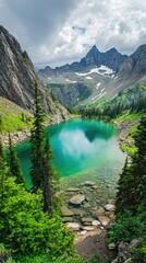 Serene mountain lake surrounded by lush greenery and towering peaks under a cloudy sky