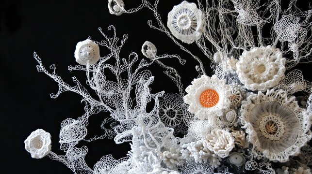 Abstract White Lace Floral Arrangement On Black Background