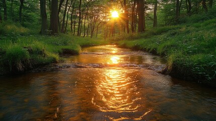 Serene sunset illuminating a tranquil stream flowing through a lush green forest landscape