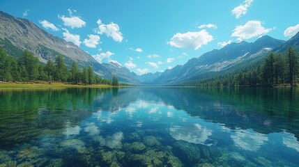 Serene mountain lake reflecting a clear blue sky with scattered clouds and lush greenery