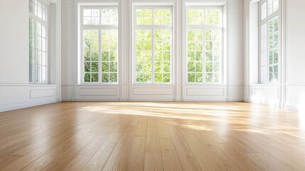 Fototapeta premium Bright, empty room with large windows allowing natural light and showcasing a wooden floor.