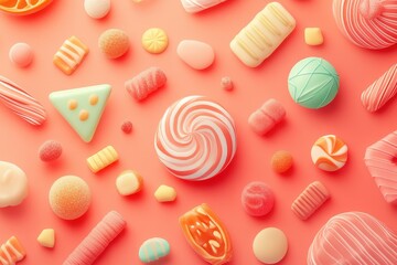 Obraz premium Assortment of colorful candy and confectioneries scattered on coral background