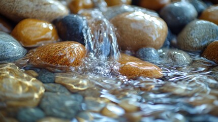 Close-up of smooth pebbles in a tranquil stream with flowing water and natural reflections
