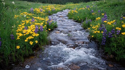A serene stream flows through a vibrant meadow filled with wildflowers in a lush landscape