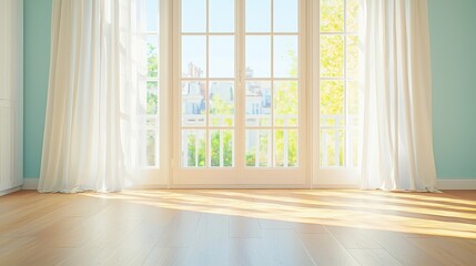 Fototapeta premium Bright and airy room with large windows allowing natural light to fill the space.