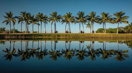 Serene waterfront scene with palm trees reflecting in calm water under a clear blue sky