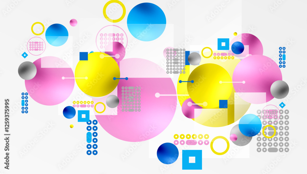 Poster minimalistic abstract vector design, layered geometric shapes circles, squares, and triangles with s