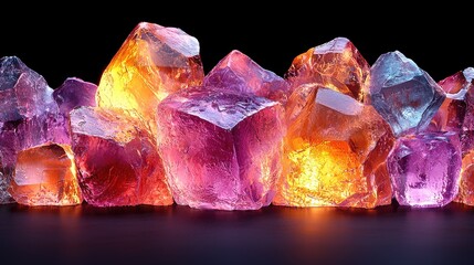 Colorful translucent crystals illuminated from within, showcasing vibrant hues against a dark backdrop