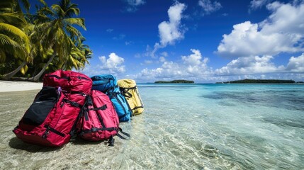 Vibrant beach scene with colorful backpacks resting on the shore under a sunny sky
