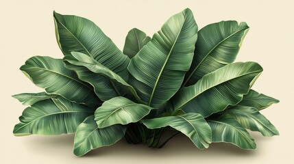 Lush green tropical leaves arranged artistically against a soft beige background, perfect for nature-themed designs