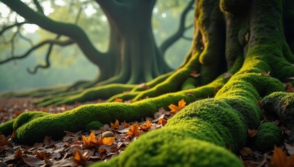 Naklejka premium A Close up of a Moss Covered Tree Trunk and Leaves on the Ground - Generative AI