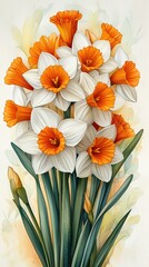 A vibrant bouquet of orange and white daffodils with soft pastel background accents