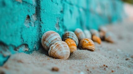 Seashells On Beach Beside Turquoise Wall