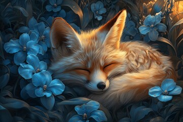 Fototapeta premium A Sleeping Fox Amidst Blue Flowers
