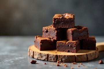 A delectable stack of rich, fudgy brownies, arranged on a rustic wooden board, perfect for an afternoon treat