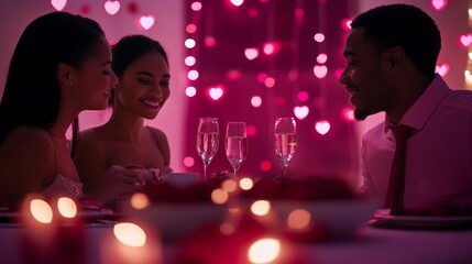Romantic Valentine's Day 2025 setting. Featuring couples exchanging gifts and dining. Highlighting love and connection. Ideal for Valentine's marketing.