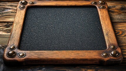 Rustic wooden frame with textured black surface on a weathered wooden table background