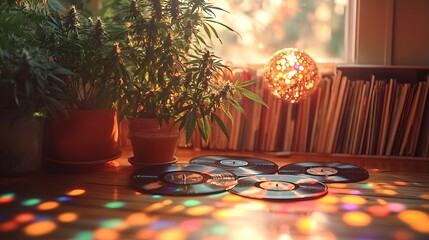 A funky 70s inspired dance floor with vinyl records cannabis leaves and a disco ball casting colorful lights