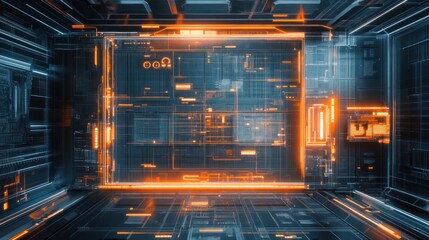 Obraz premium Futuristic Digital Interface: Neon Orange and Blue Tech Room