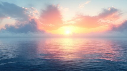 Fototapeta premium Serene sunset over calm ocean waters, with vibrant colors reflecting on the surface (1)