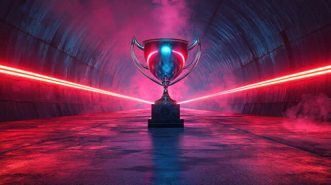 A metallic trophy sits on a dark, reflective surface in a neon-lit tunnel. Red and blue lights illuminate the scene, creating a dramatic and futuristic atmosphere. Smoke adds to the ambiance.