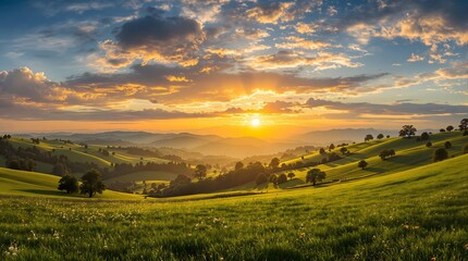 Obraz premium Serene Sunset Over Rolling Green Hills.