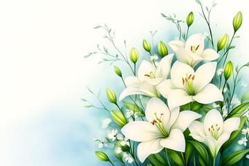 Obraz premium A bouquet of white flowers with green stems. The flowers are arranged in a way that they are all facing the same direction. The background is blue and white