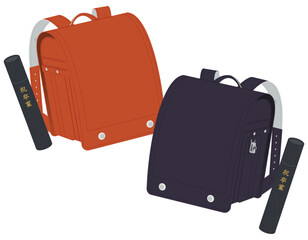 赤と黒のランドセルと卒業証書・丸筒／卒業式／ベクターイラスト