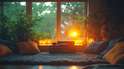 A cozy reading nook with a vintage record player spinning cannabis leaves and warm fairy lights glowing
