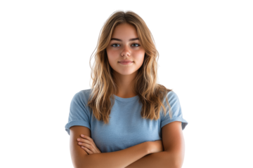 Confident teenage girl with arms crossed isolated on white or transparent, PNG