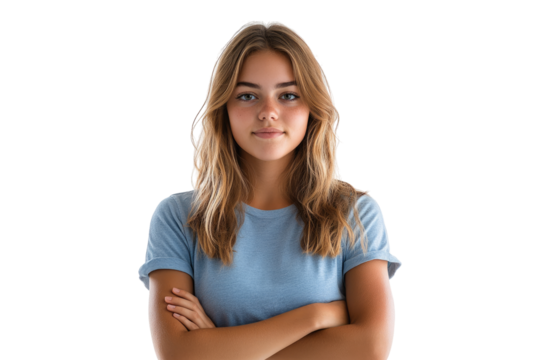 Confident teenage girl with arms crossed isolated on white or transparent, PNG
