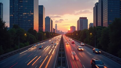 Fototapeta premium Cars Driving on a Busy Highway at Sunset With Tall Buildings in the Background - Generative AI