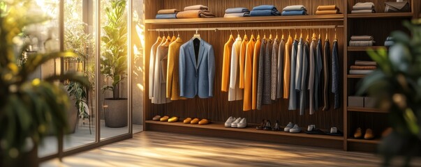 A stylish, well-organized clothing rack features a range of vibrant garments, illuminated by soft sunlight, creating a warm, inviting atmosphere.