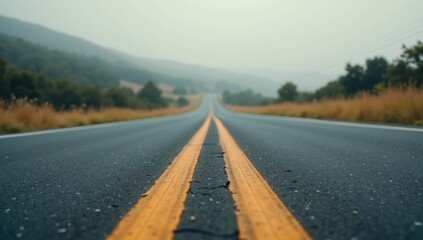Fototapeta premium An Empty Road With a Yellow Line Down the Middle of It - Generative AI