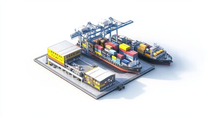 Obraz premium Aerial view of a container ship, logistics operation, modern harbor, business concept, detailed 3D rendering, isolated on white background.